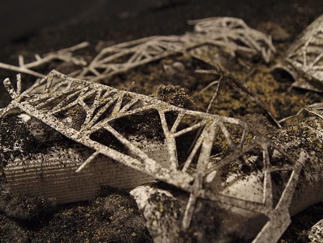 A model of the the collapsed hangar where the Buran was stored.  